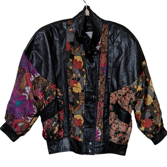 Vintage Jackets & Blazers - Pelle vintage leather textile floral abstract panels bomber 80's size Small